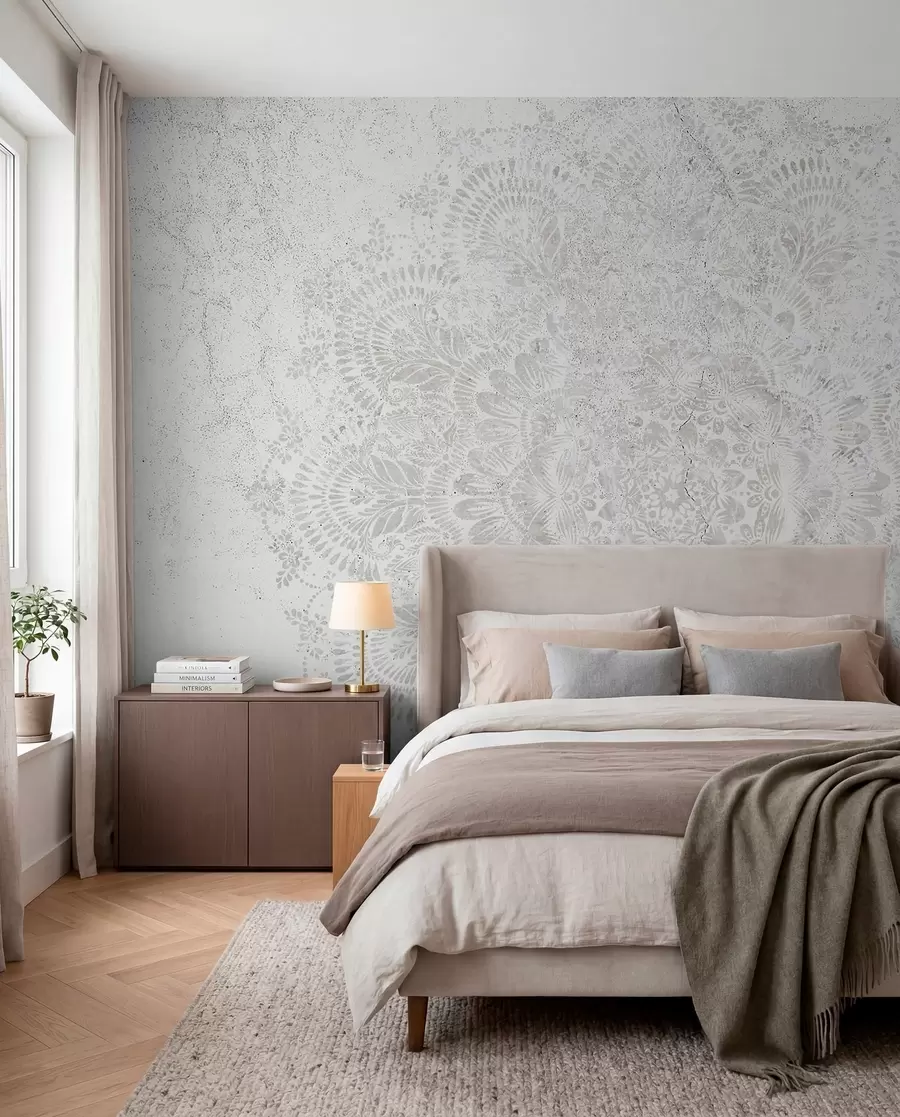 wall murals Mandala, white lace pattern with floral and circular motifs, creating a delicate and intricate design w00737