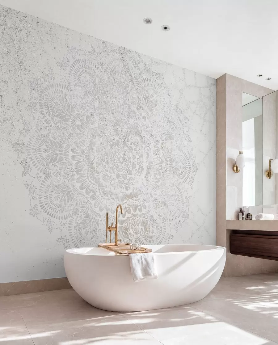 wall murals Mandala, white lace pattern with floral and circular motifs, creating a delicate and intricate design w00737