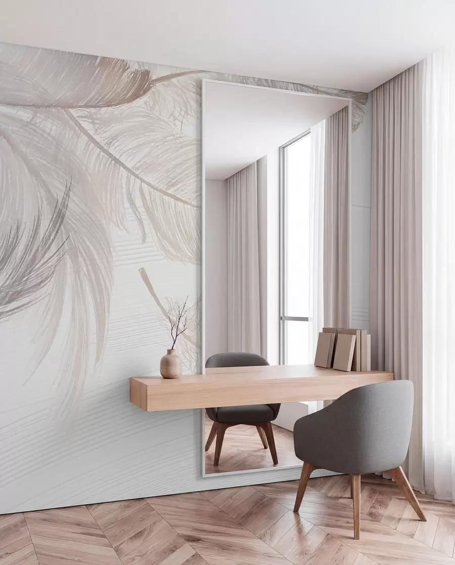 wall murals Soft, delicate white feathers floating on a light background w00739