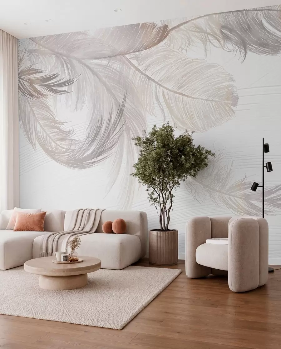 wall murals Soft, delicate white feathers floating on a light background w00739