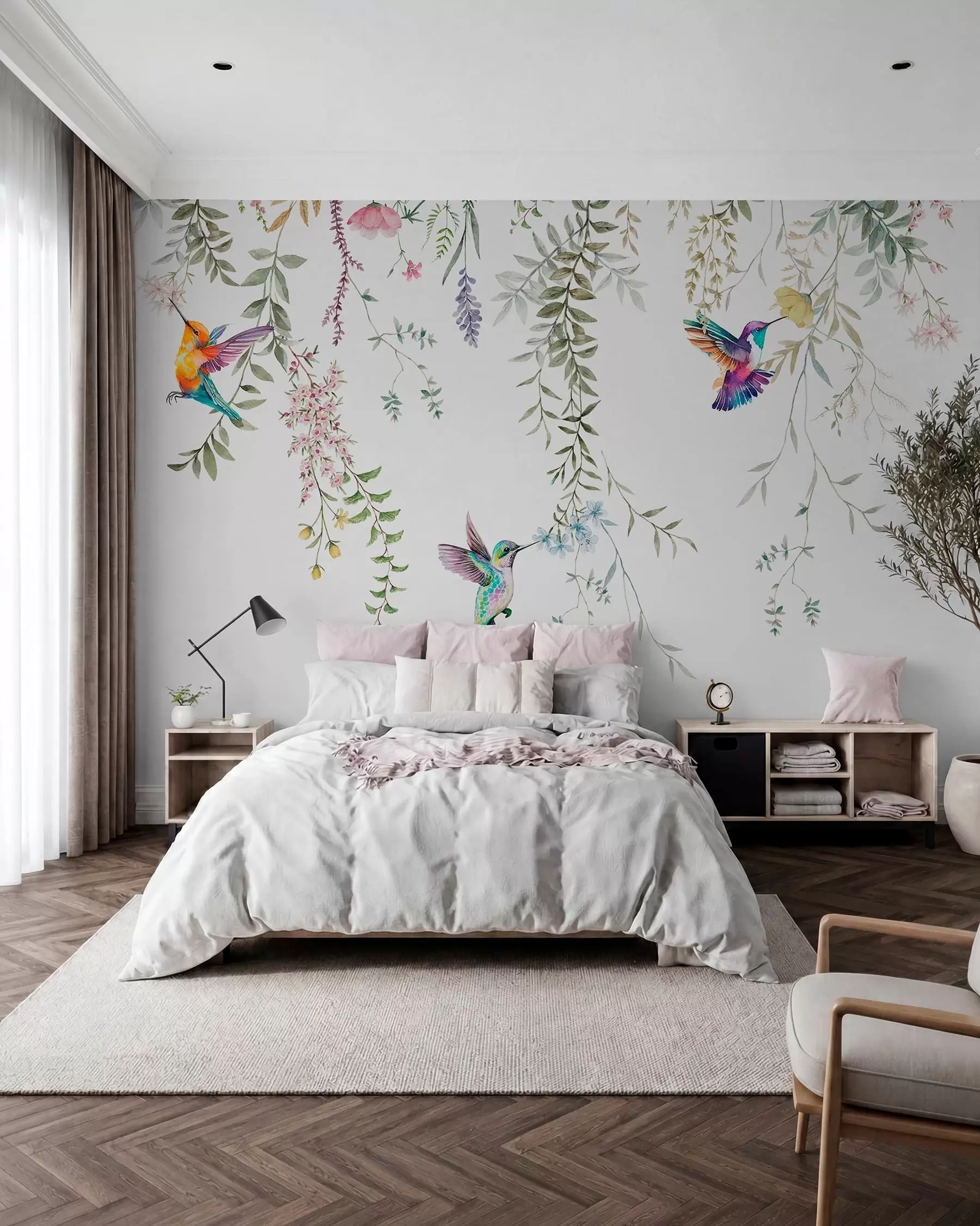 wall murals Hanging flowers and leaves and beautiful hummingbirds w00660