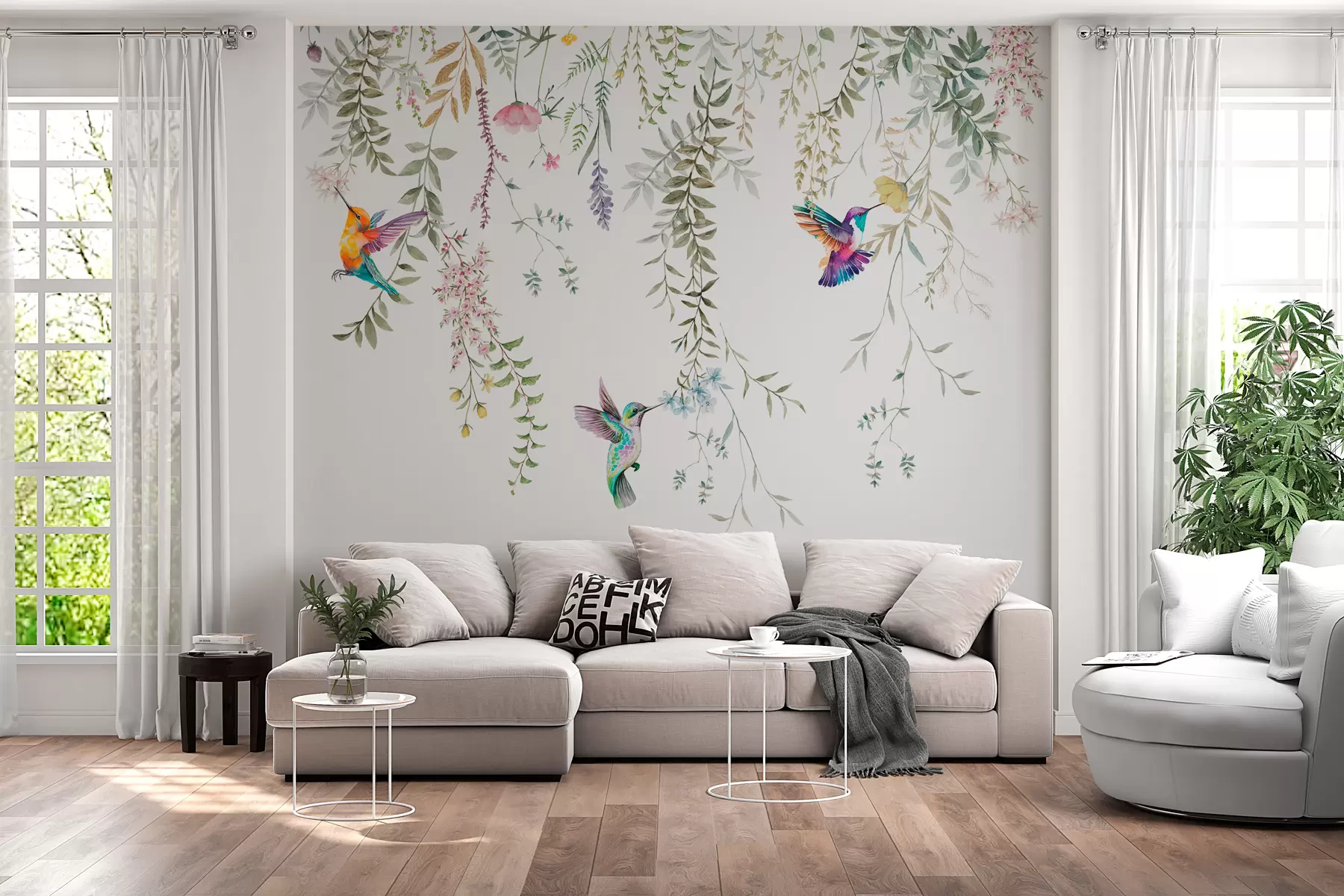 Wall Mural Photo Wallpaper Hanging flowers and leaves and beautiful hummingbirds w00660