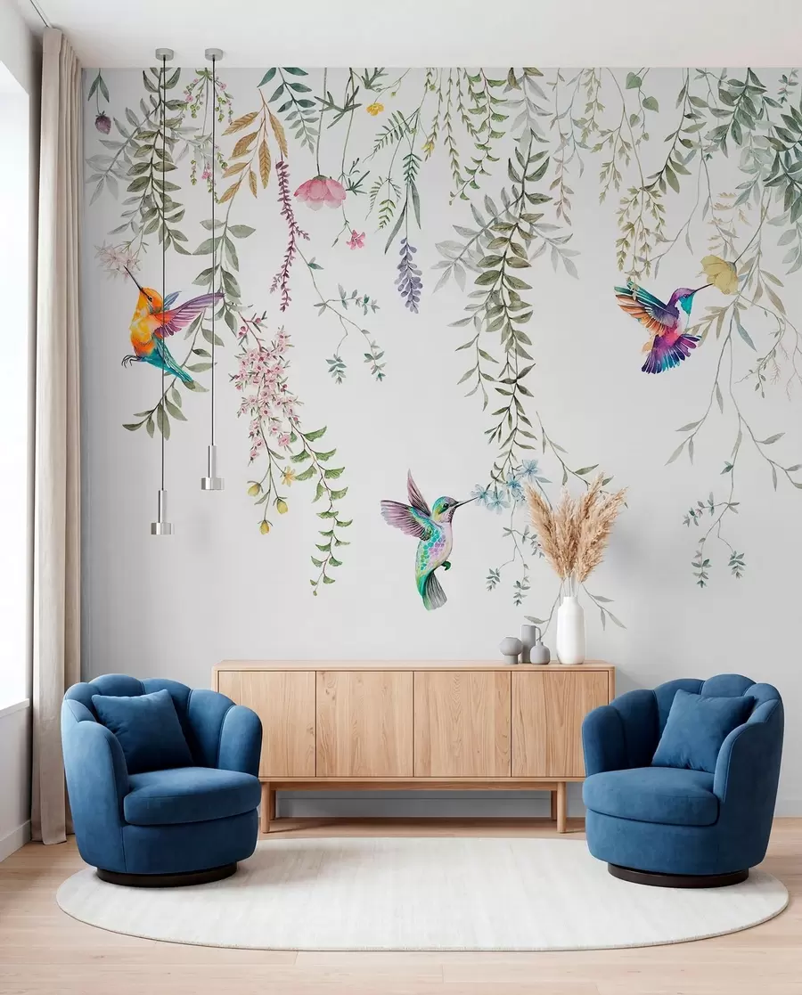 peintures murales Fleurs et feuilles suspendues et beaux colibris w00660