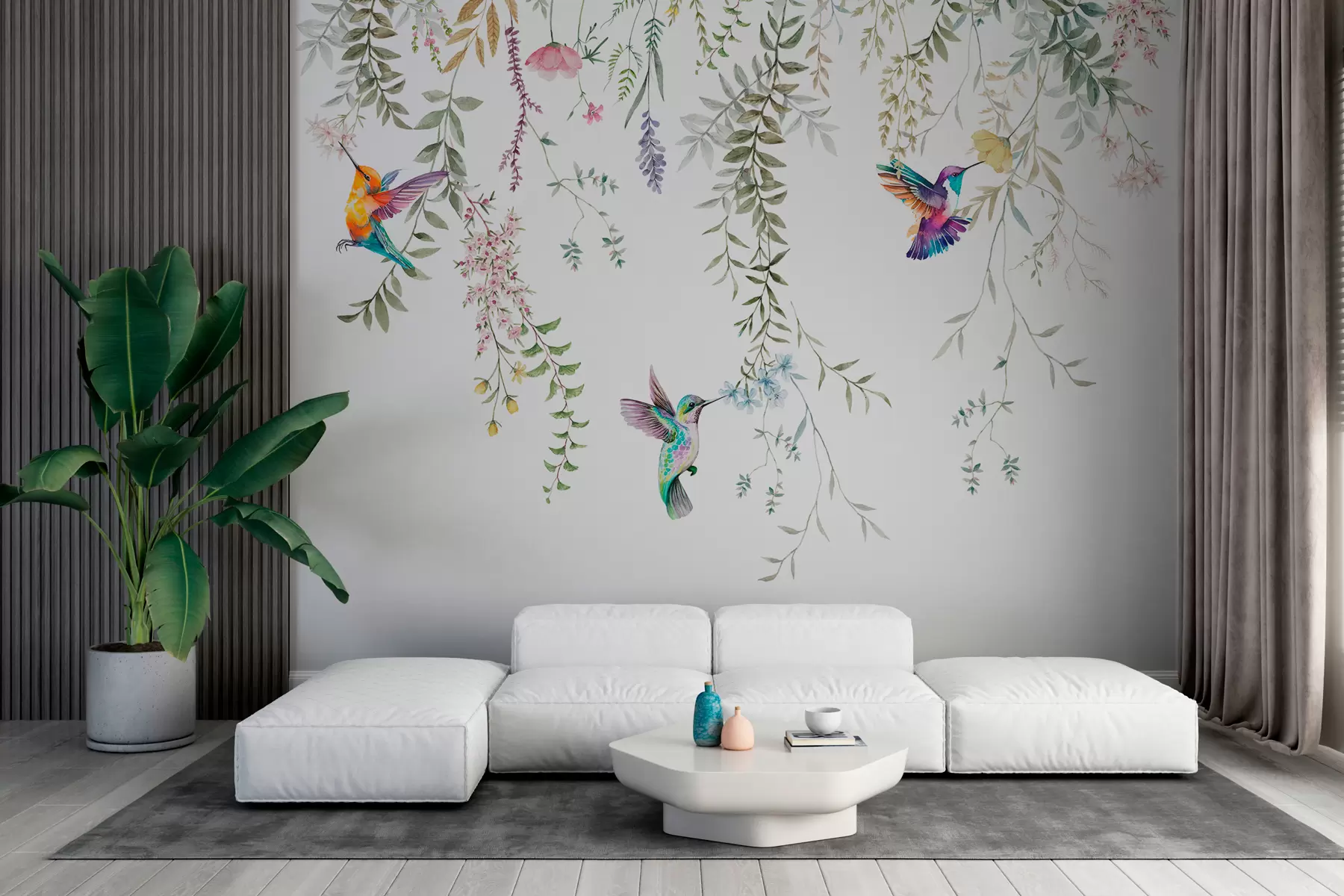 Wall Mural Photo Wallpaper Hanging flowers and leaves and beautiful hummingbirds w00660