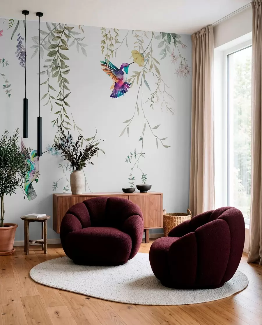 Wall Mural Photo Wallpaper Hanging flowers and leaves and beautiful hummingbirds w00660
