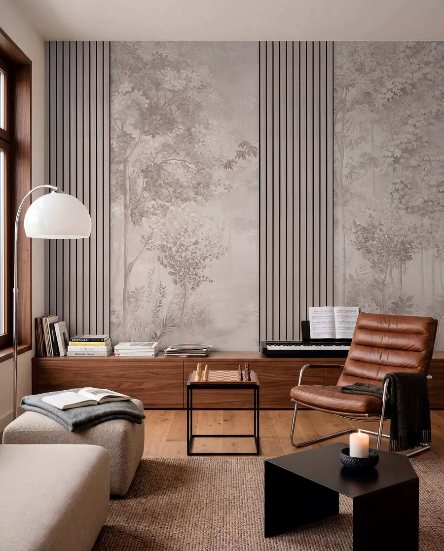 Wall Mural Photo Wallpaper Wood panels and delicate forest in pink tones w00670v1