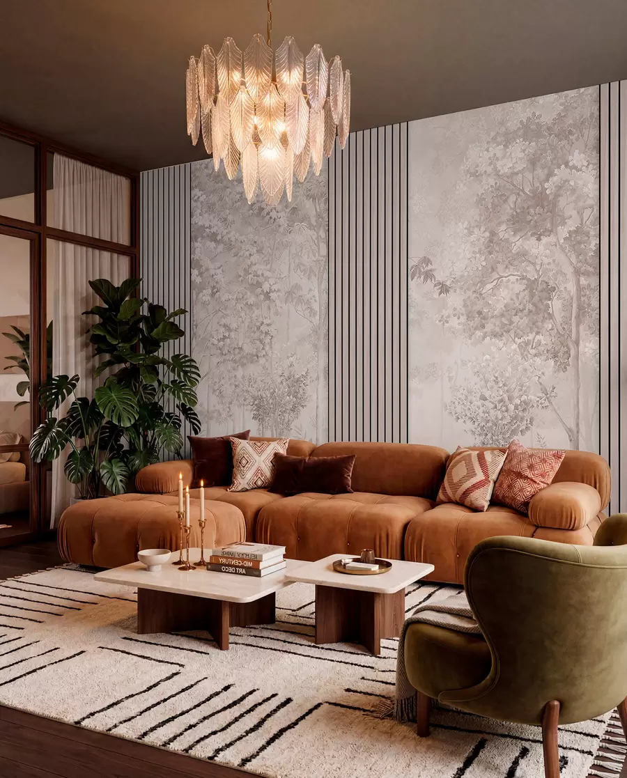 Wall Mural Photo Wallpaper Wood panels and delicate forest in pink tones w00670v1