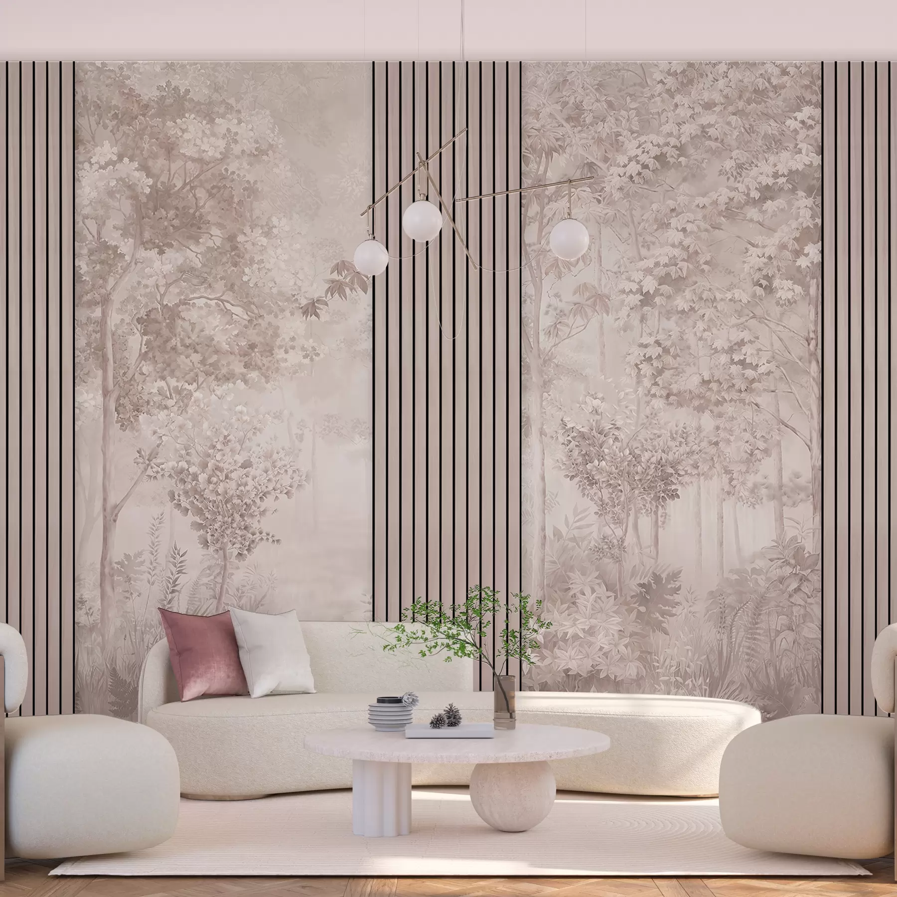 Wall Mural Photo Wallpaper Wood panels and delicate forest in pink tones w00670v1