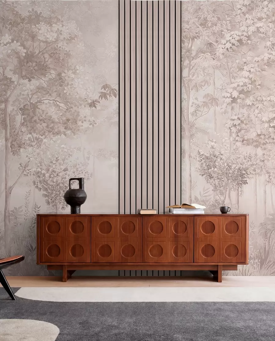 Wall Mural Photo Wallpaper Wood panels and delicate forest in pink tones w00670v1