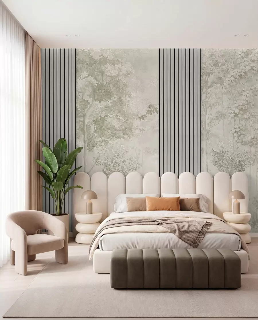 murales Paneles de madera y delicado bosque en tonos verdes w00670v2