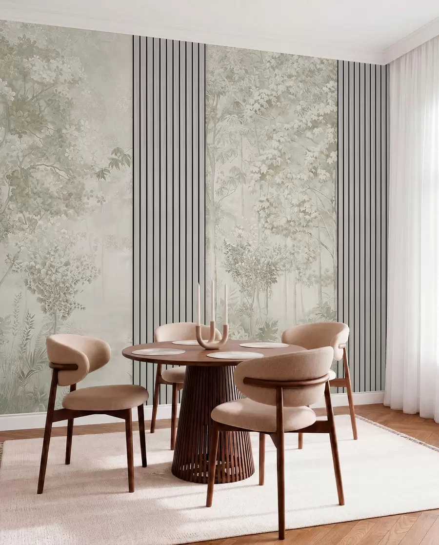 murales Paneles de madera y delicado bosque en tonos verdes w00670v2