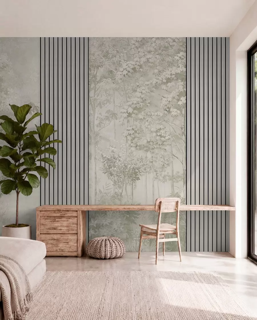 murales Paneles de madera y delicado bosque en tonos verdes w00670v2