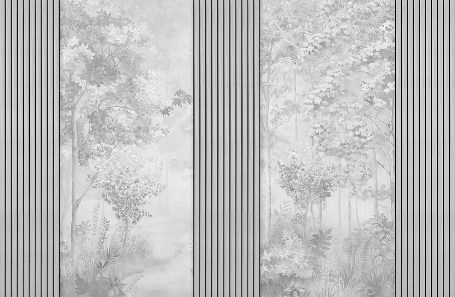 wall murals Wood panels and delicate forest in grey tones w00670v3