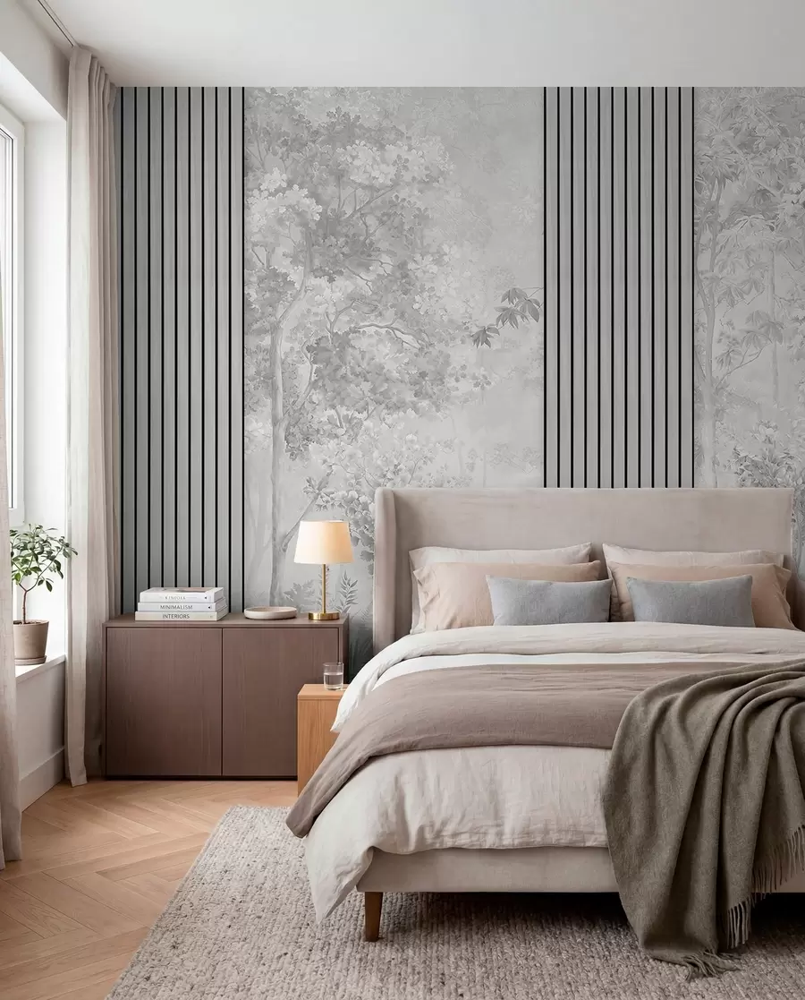 wall murals Wood panels and delicate forest in grey tones w00670v3