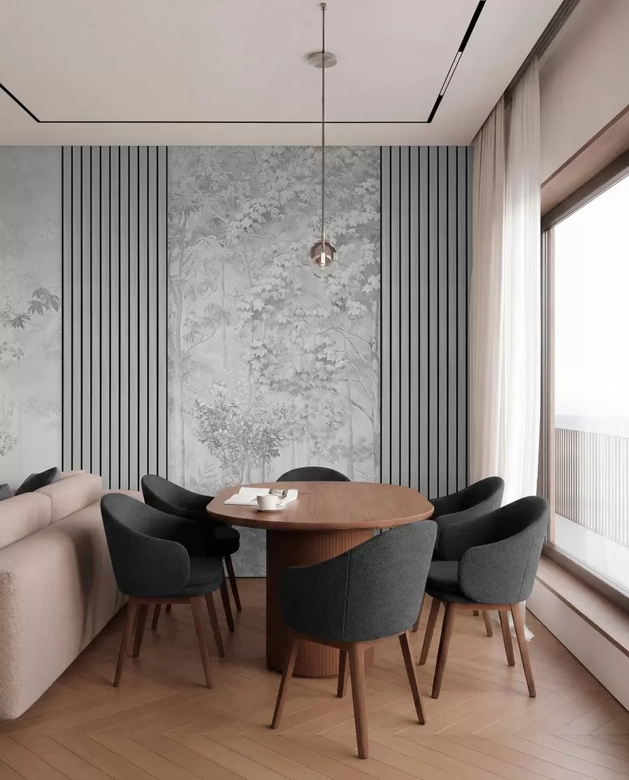 wall murals Wood panels and delicate forest in grey tones w00670v3