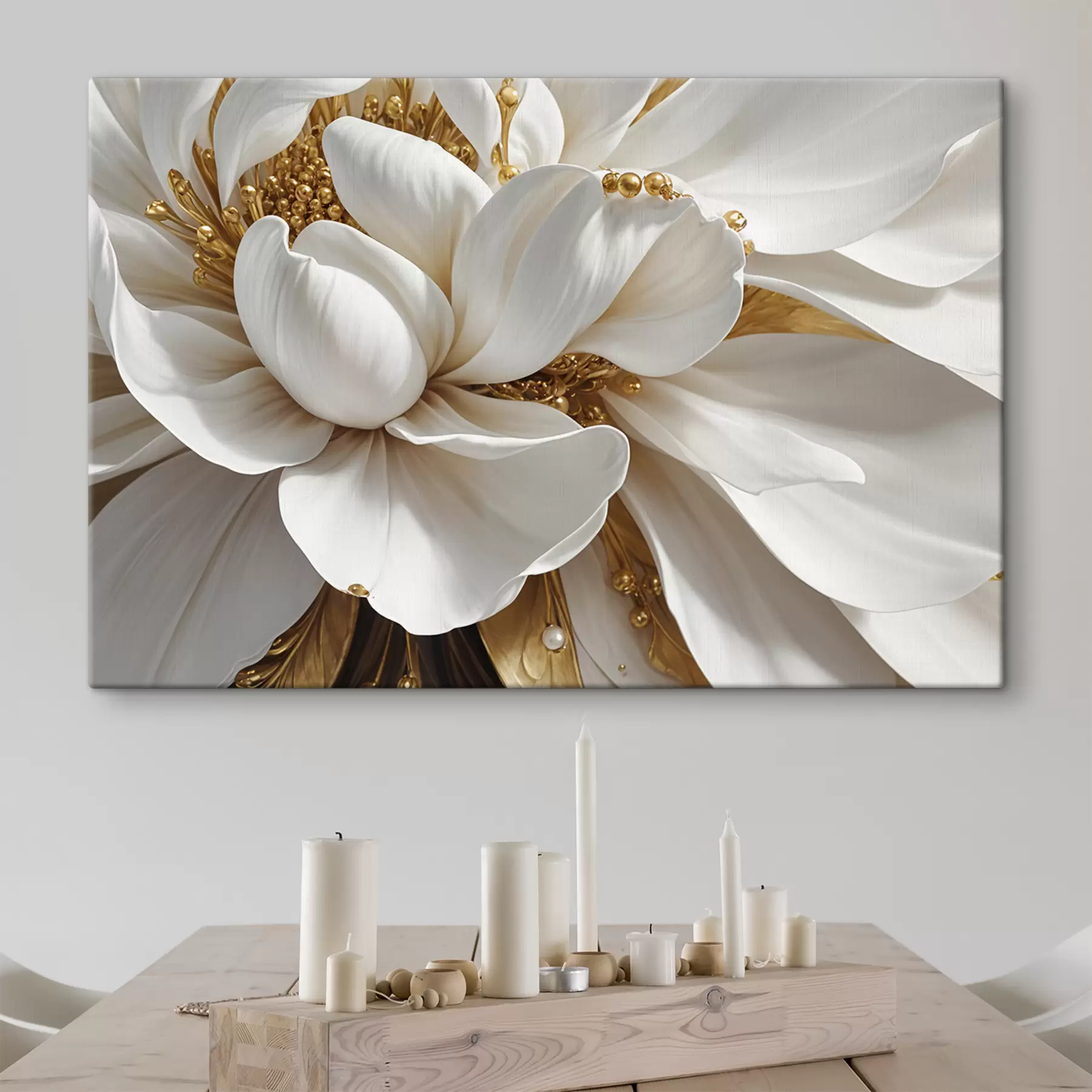 murales Un primer plano de una gran flor blanca con delicados pétalos y estambres en el centro del minimalismo s38762