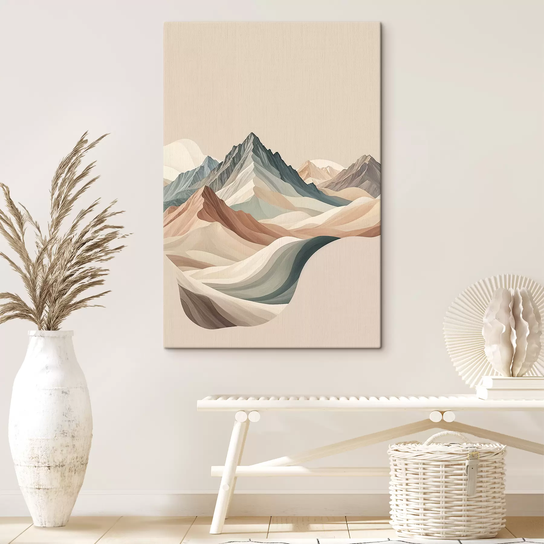 wall murals Minimalism mountain landscape with rocky peaks and rolling hills in beige s38770