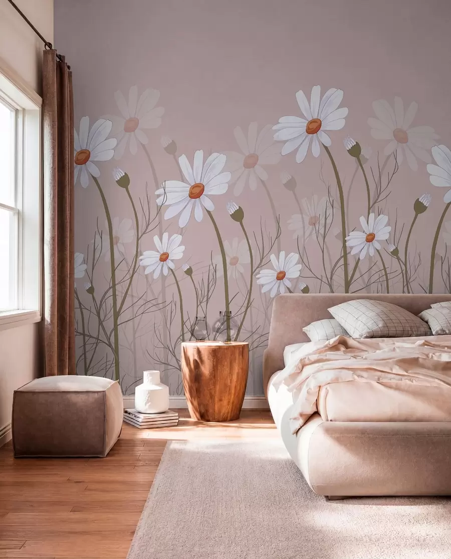 peintures murales grandes marguerites sur fond rose w00802v1