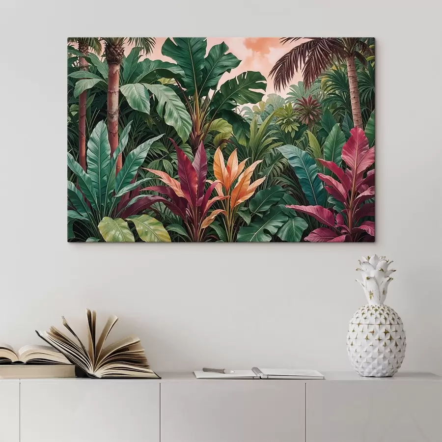 wall murals A lush, tropical jungle with vibrant green leaves, palm fronds, and colorful flowers s38817