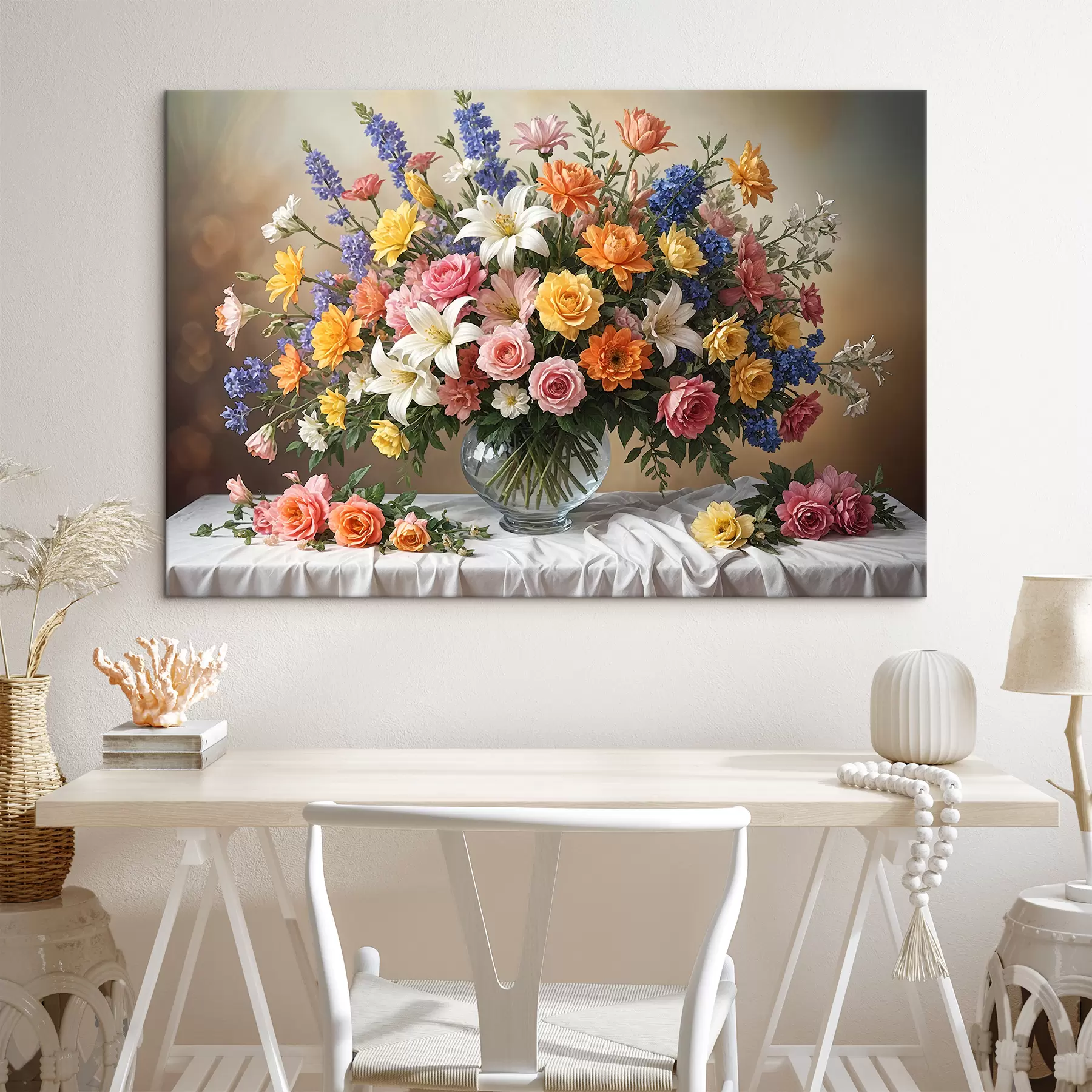 murales Un vibrante ramo de varias flores de colores en un jarrón de vidrio sobre un mantel blanco, pintura artística vintage s38825