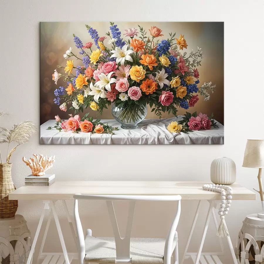 wall murals A vibrant bouquet of various colorful flowers in a glass vase on a white tablecloth art painting vintage s38825