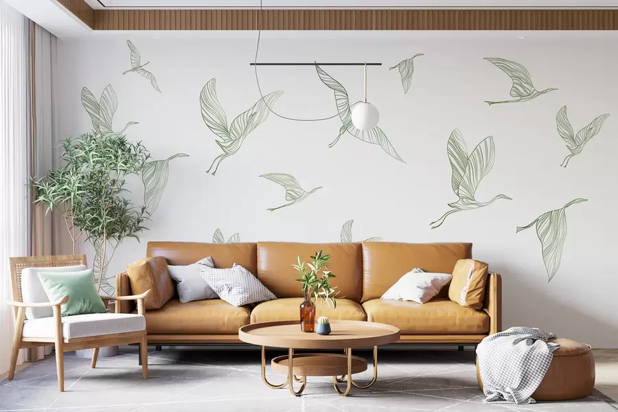 Wall Mural Photo Wallpaper Flying birds line art, minimalism, nature, green colors w00758v2