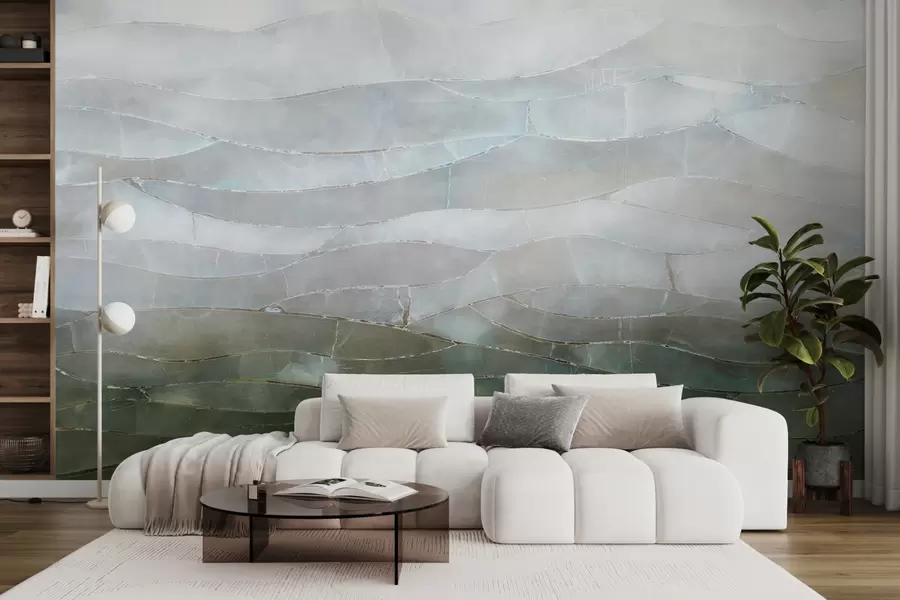 murales Paisaje texturizado de gradiente abstracto, montañoso y brumoso con campos verdes ondulados a través de la niebla w00795