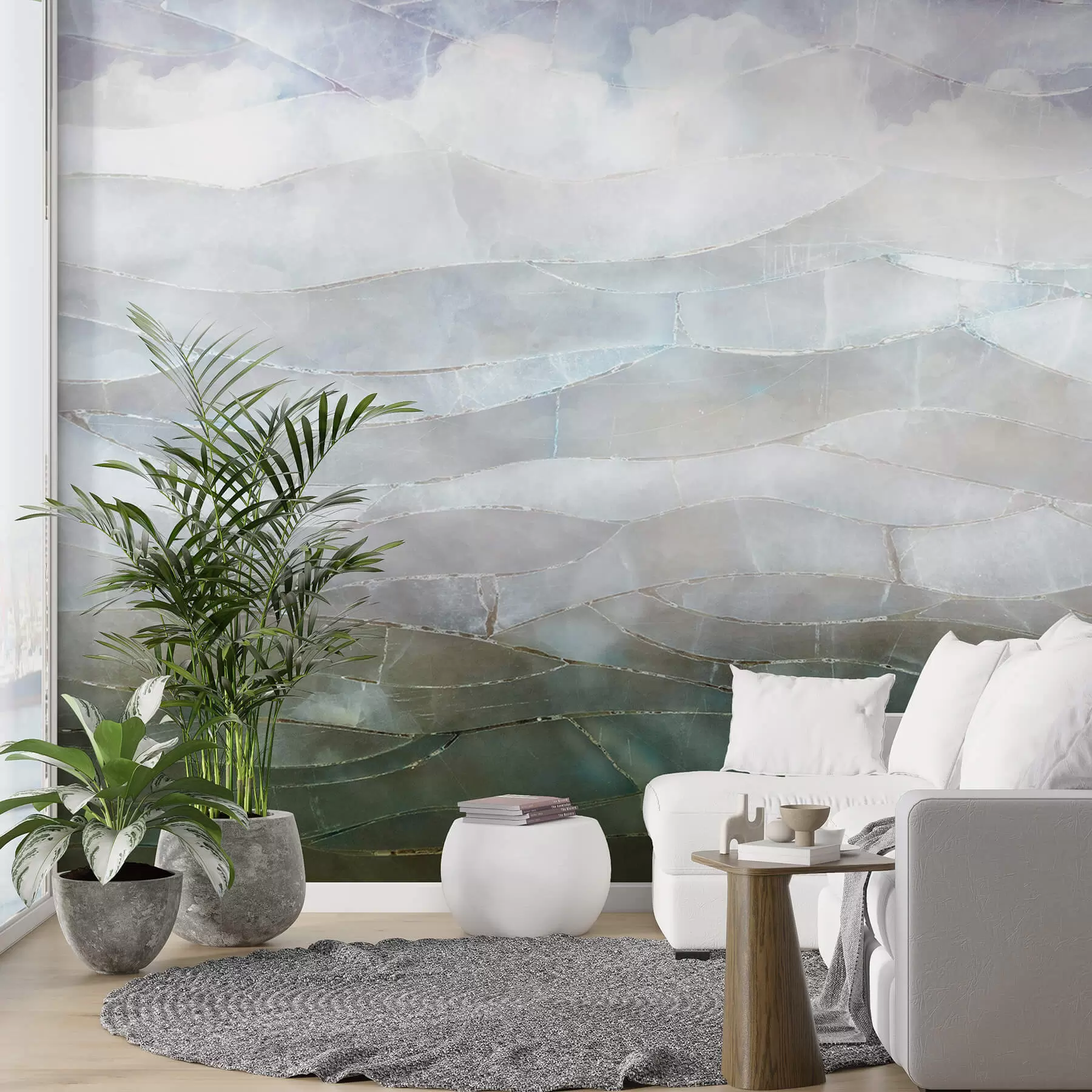 murales Paisaje texturizado de gradiente abstracto, montañoso y brumoso con campos verdes ondulados a través de la niebla w00795