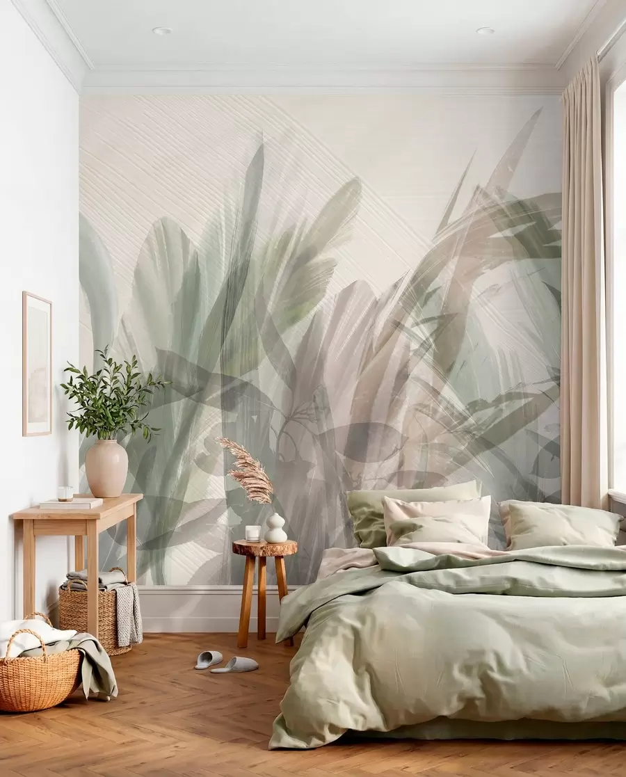 wall murals Abstract multicomposition of blurred grass-like tropic leaves shapes in shades of light green and gray w00798