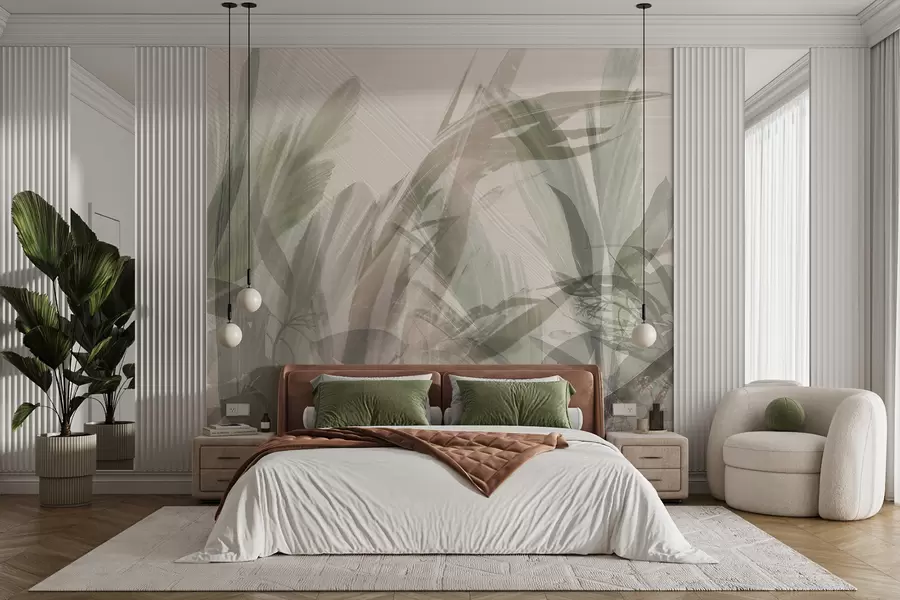 Wall Mural Photo Wallpaper Abstract multicomposition of blurred grass-like tropic leaves shapes in shades of light green and gray w00798