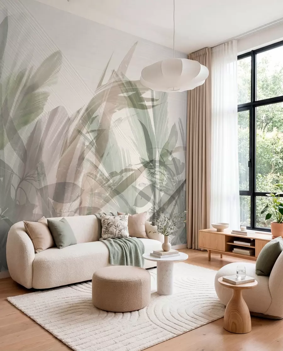 Wall Mural Photo Wallpaper Abstract multicomposition of blurred grass-like tropic leaves shapes in shades of light green and gray w00798