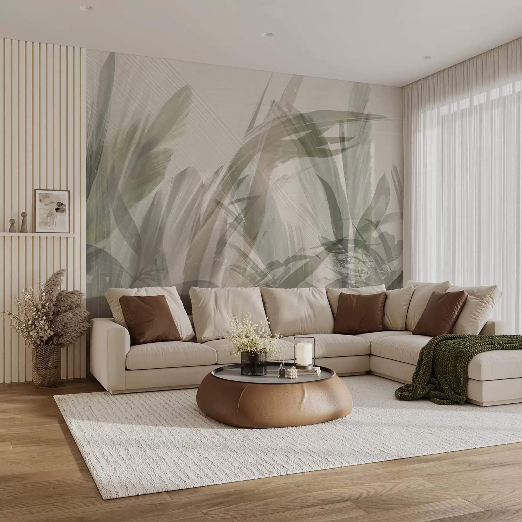 Wall Mural Photo Wallpaper Abstract multicomposition of blurred grass-like tropic leaves shapes in shades of light green and gray w00798