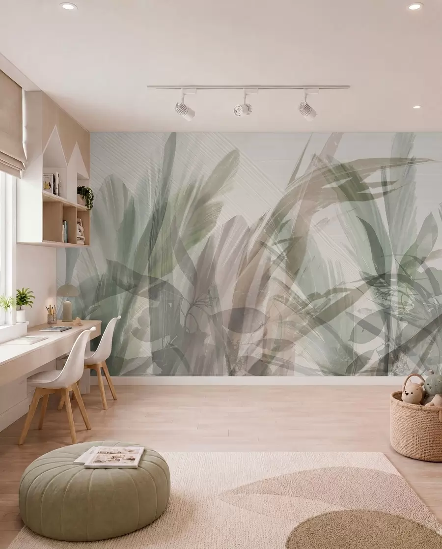 murales Multicomposición abstracta de formas de hojas tropicales parecidas a hierba borrosa en tonos de verde claro y gris w00798