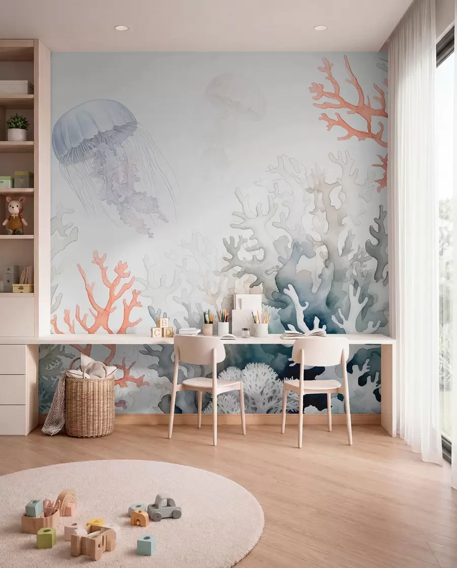 wall murals Sea corals, jellyfish swim, watercolor, grey, blue, red w00819