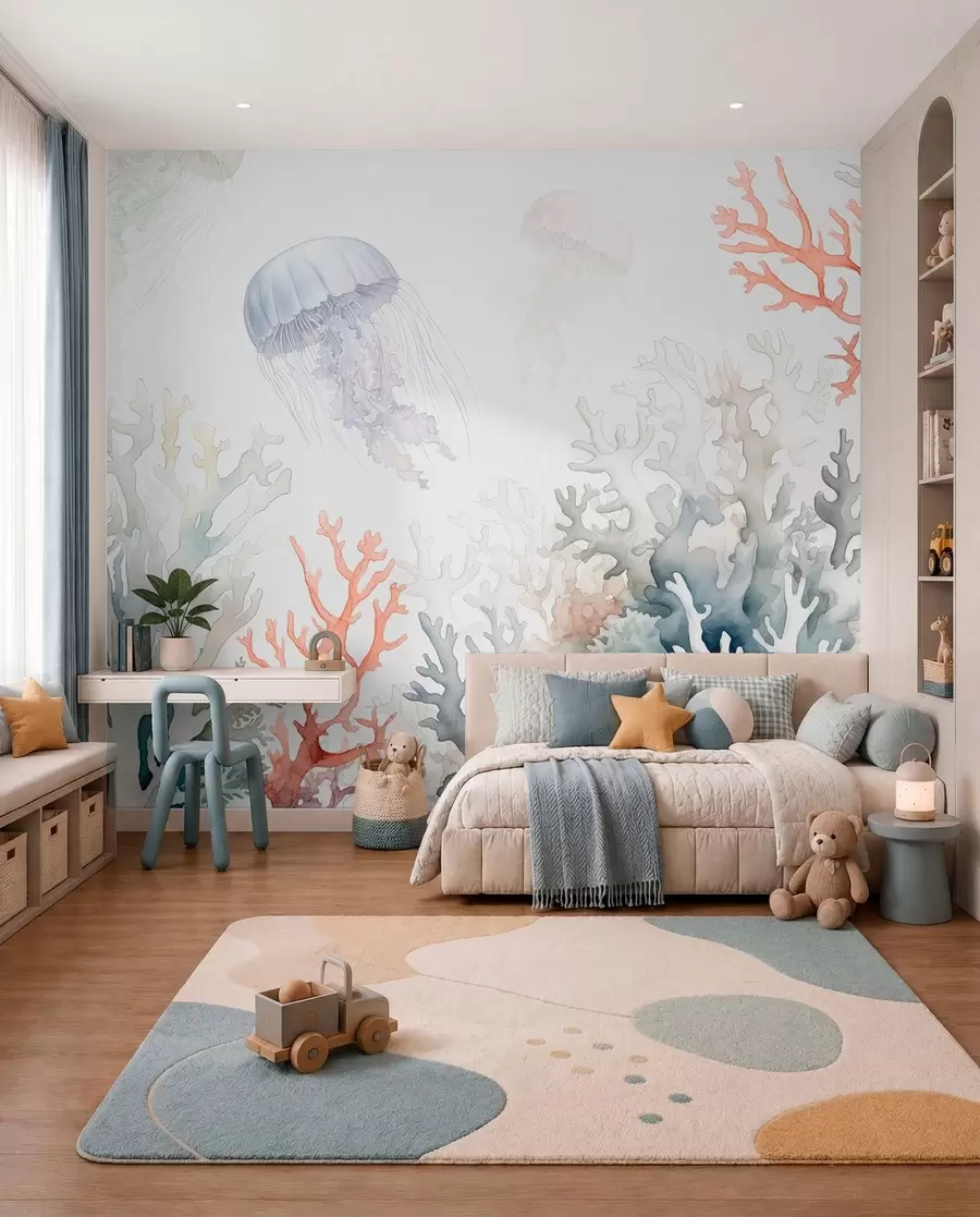 wall murals Sea corals, jellyfish swim, watercolor, grey, blue, red w00819