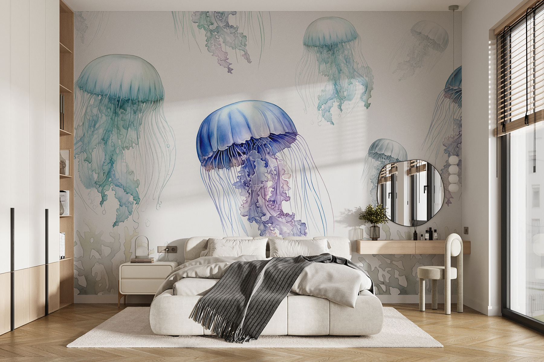 Wall Murals Watercolor Sea jellyfish, watercolor, grey, blue