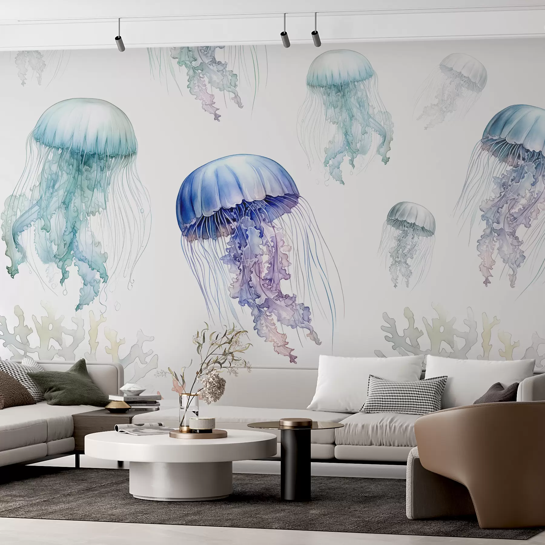 wall murals Sea jellyfish, watercolor, grey, blue, red w00820