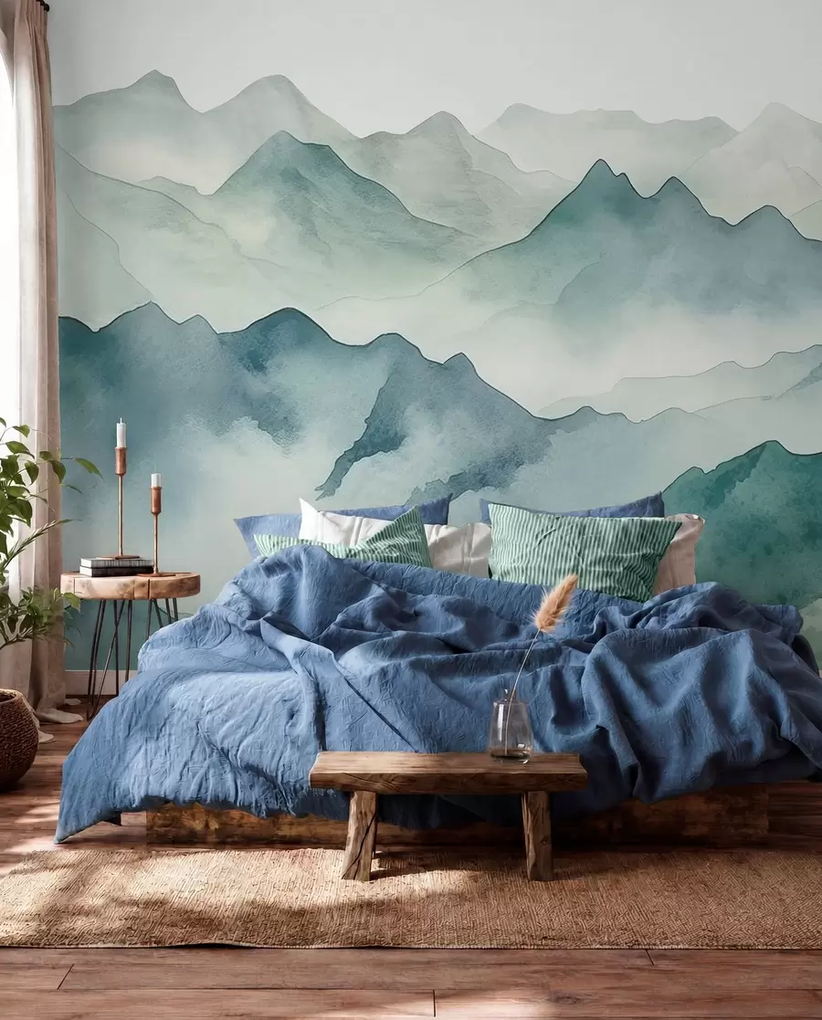 Wall Mural Photo Wallpaper Mountain peaks and passes, watercolor, landscape, landscape, blue, gray color w00841