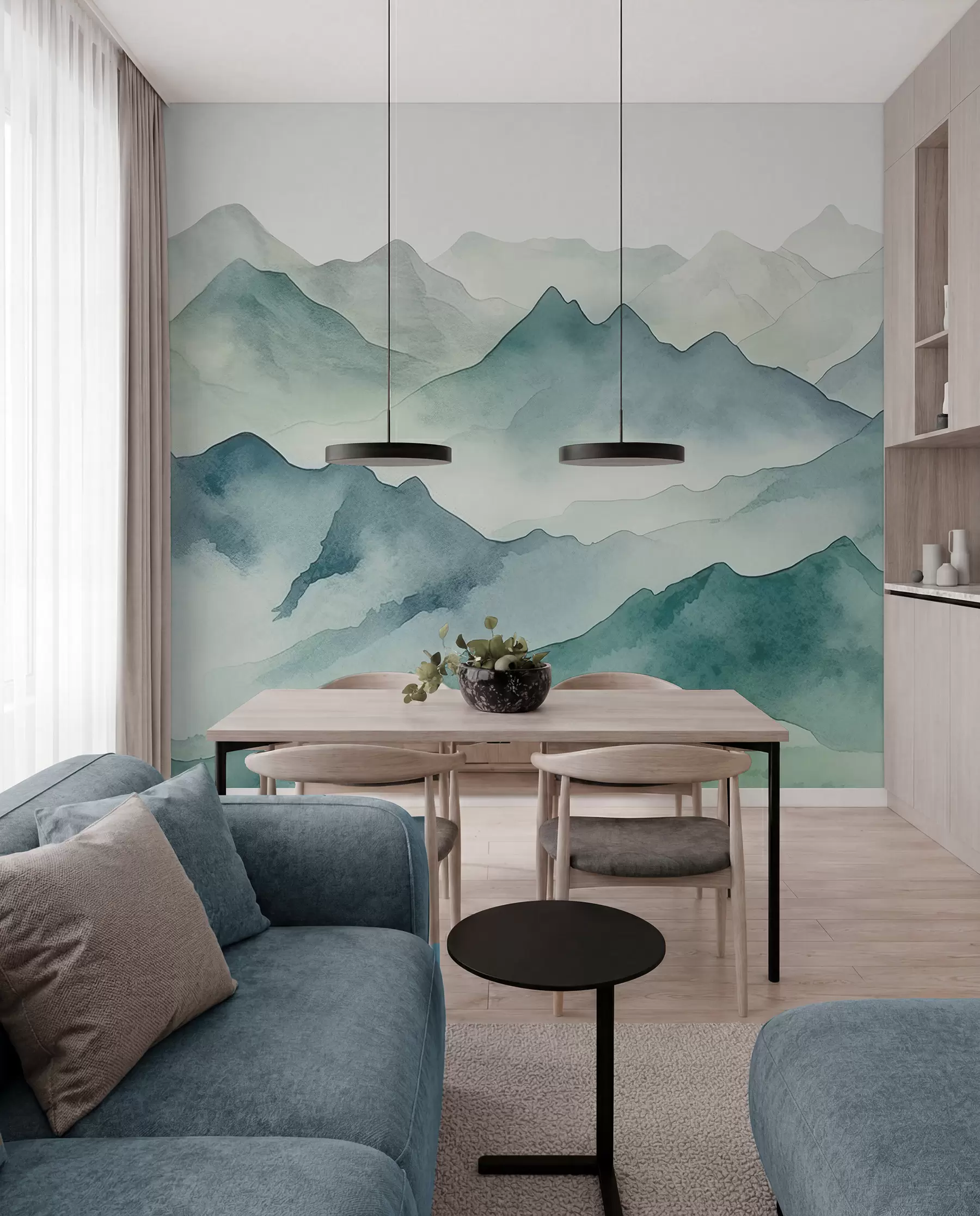 peintures murales Sommets et cols de montagne, aquarelle, paysage, paysage, bleu, couleur grise w00841
