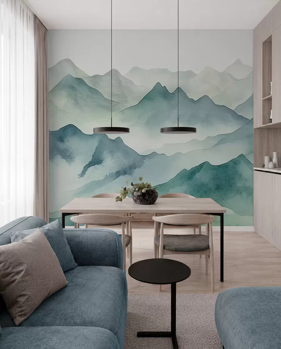 Wall Mural Photo Wallpaper Mountain peaks and passes, watercolor, landscape, landscape, blue, gray color w00841
