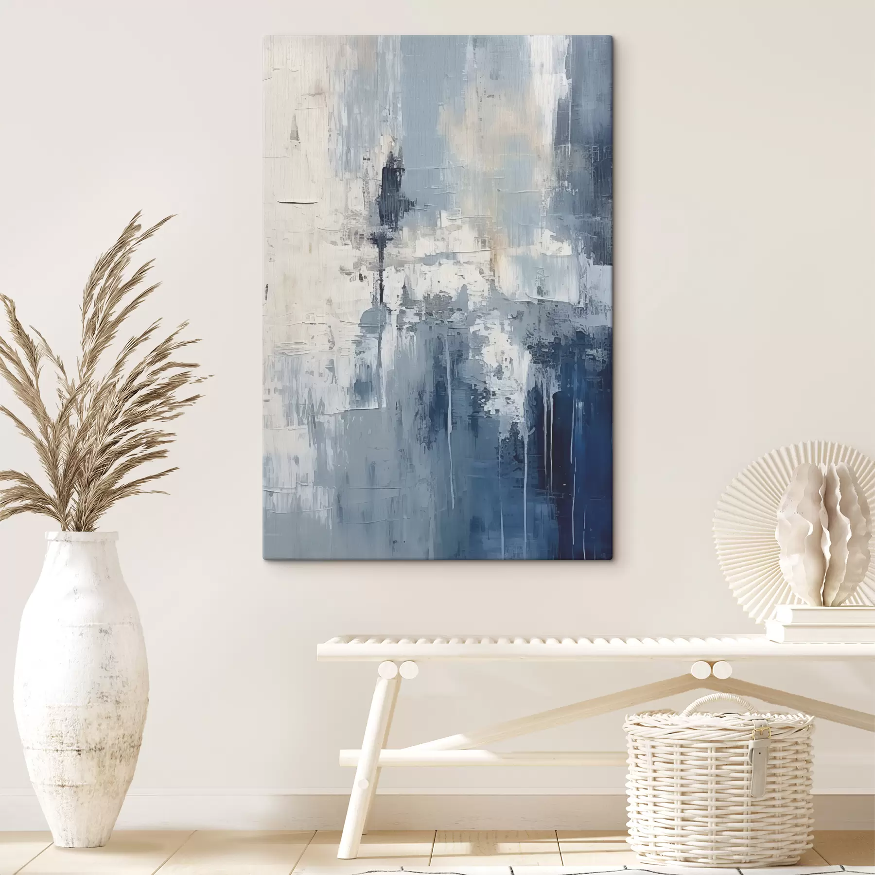 wall murals Abstract minimalist oil painting, rubbed, geometric, stain, blue and white color s38906