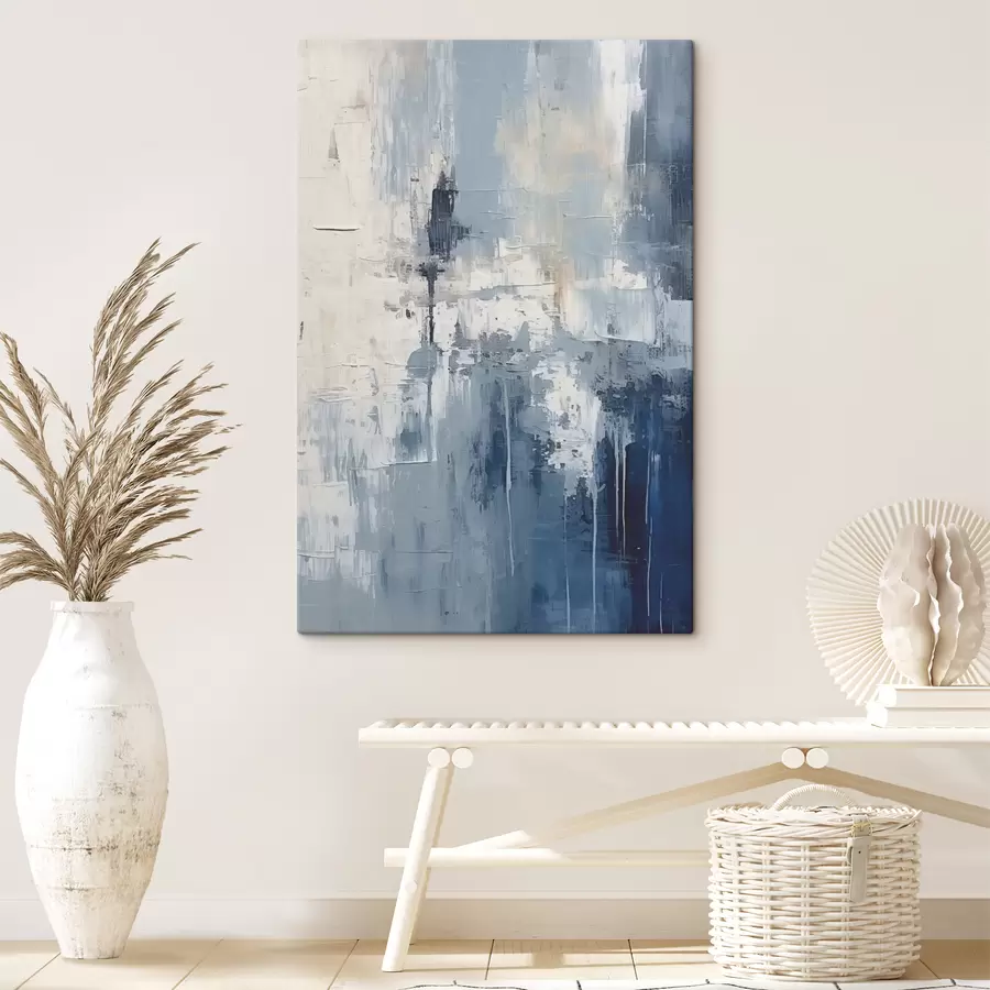 murales Pintura al óleo minimalista abstracta, frotada, geométrica, mancha, color azul y blanco s38906