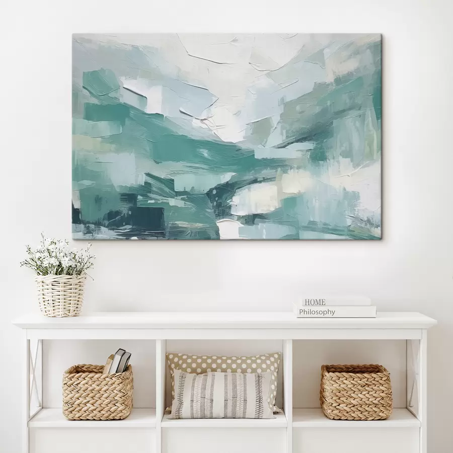 murales Abstracción de grandes trazos azules y blancos, imitación de pintura al óleo, minimalismo s38915