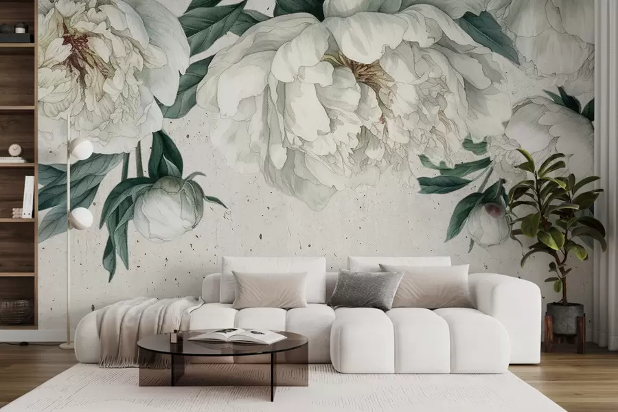 peintures murales Grandes pivoines blanches avec des feuilles vertes sur un fond légèrement texturé w00837