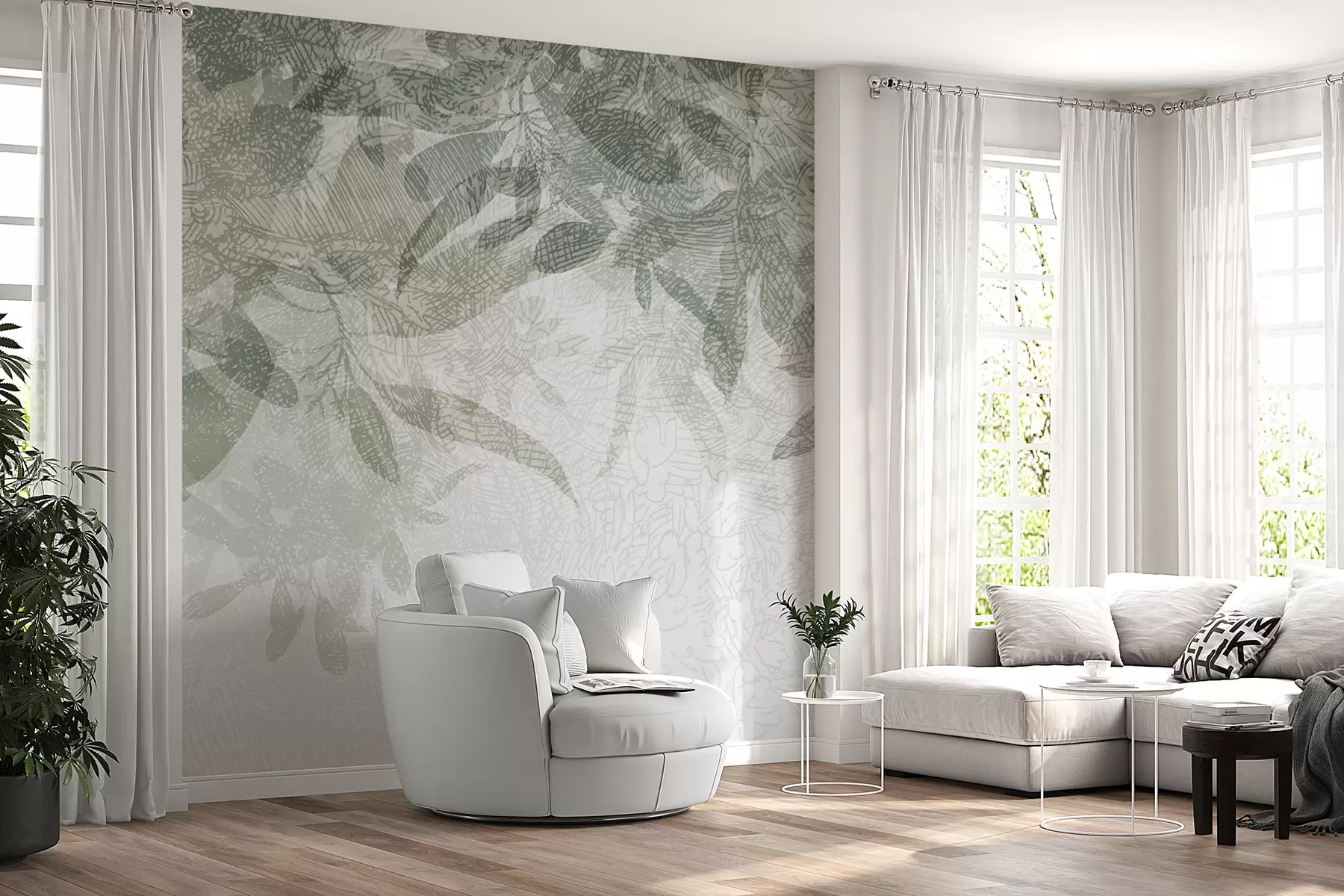 murais de parede Folhas suaves e desfocadas em tons de verde e cinza contra um fundo de desenho textural claro w00854
