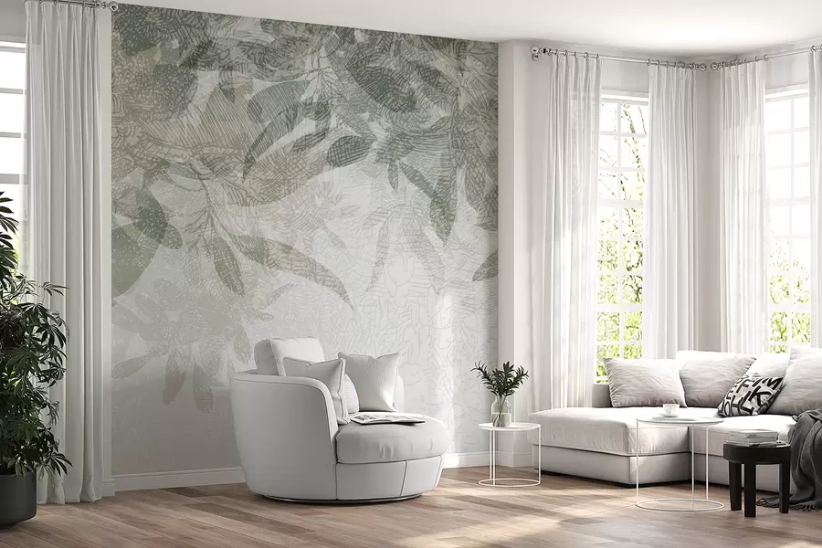 Wall Mural Photo Wallpaper Soft, blurred leaves in shades of green and gray against a light textural drawing background w00854