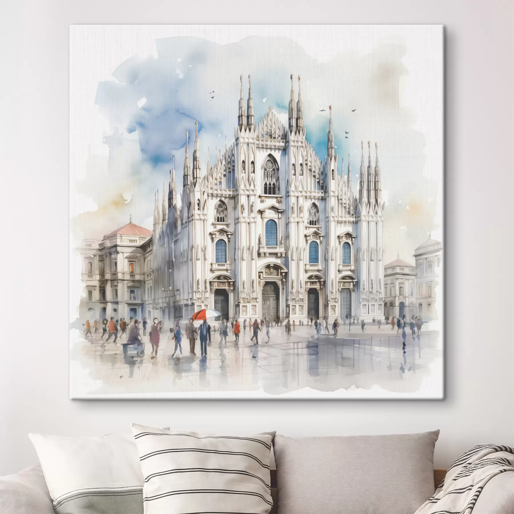 murales Catedral del Duomo en Milán, arquitectura, ciudad, lluvia, acuarela, azul, gris, gente caminando s38938