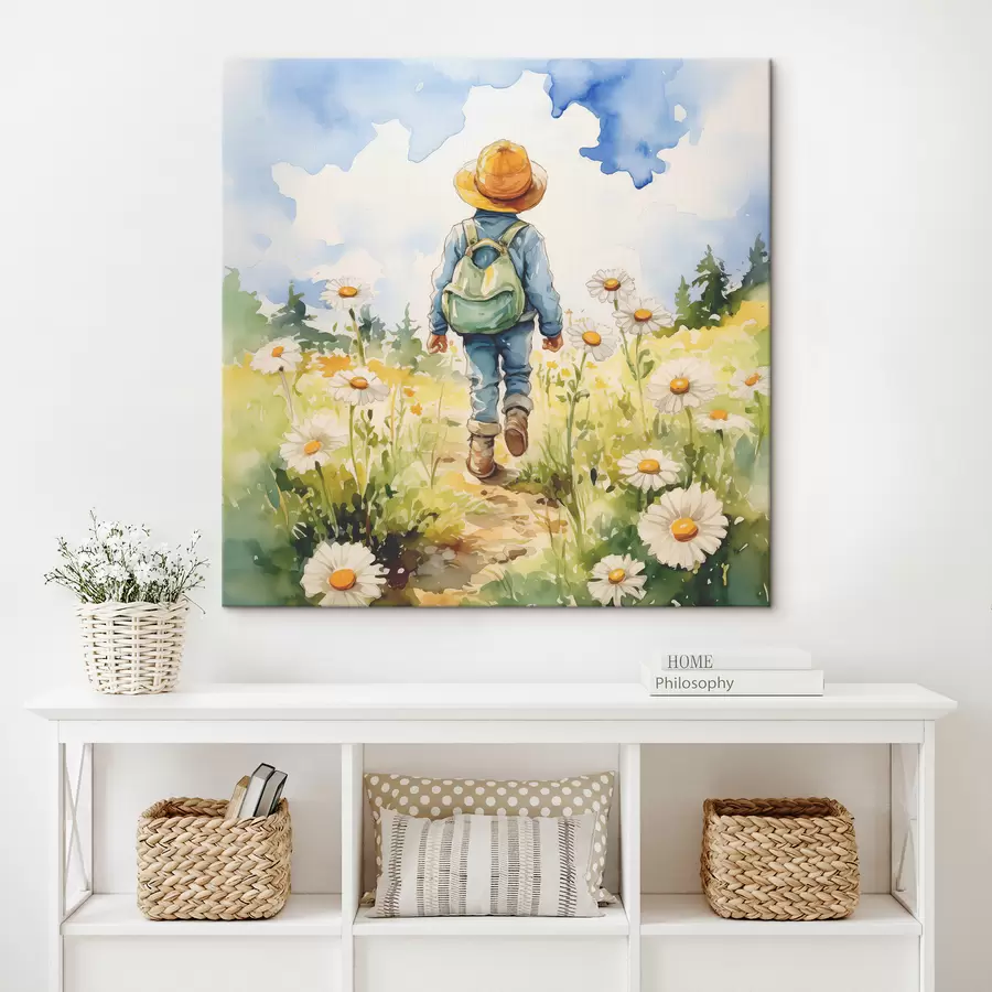wall murals A boy in a cowboy hat with a green backpack behind his back and a blue suit walks along a path in a chamomile field, watercolor s38946