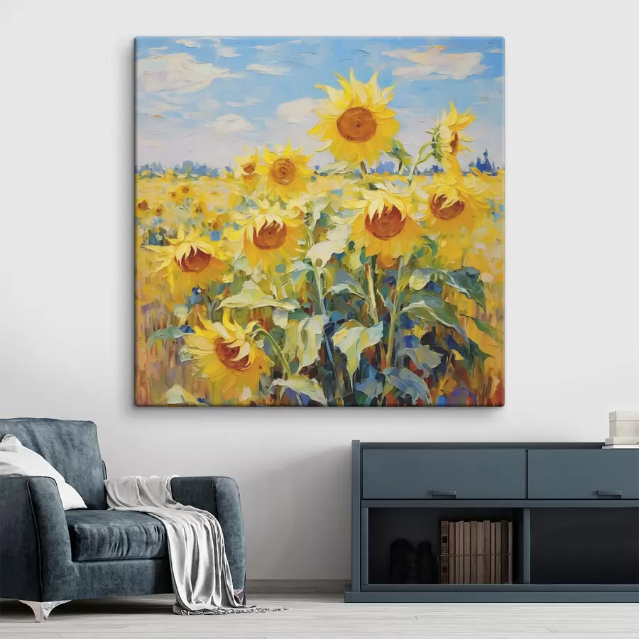 wall murals Field of sunflowers oil painting, yellow and blue color s38953