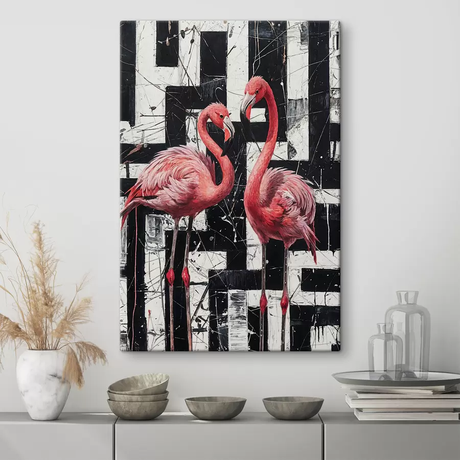 wall murals Two pink flamingos standing in front of a black and white abstract background art painting s38954